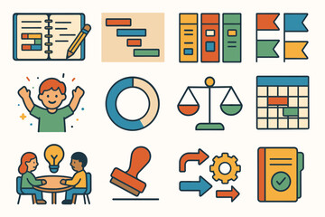 Education and planning flat icon set. learning, strategy, organization icons collection