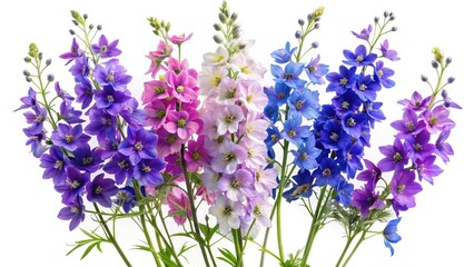 Beautiful and Diverse Collection of Colorful Delphinium Flowers on a White Background