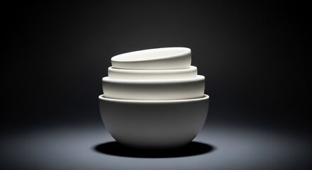 Stacked White Ceramic Bowls on Dark Background with Dramatic Lighting.