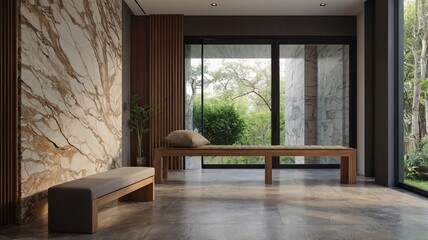 Modern interior of a serene living space featuring large windows and elegant marble walls.