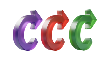 Trio of glossy circular arrows in purple, red and green — rotation, refresh, sync and workflow loop icons for UI and process diagrams