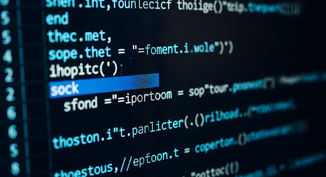 Close-up of computer source code on dark screen — programming script, software development, coding and cybersecurity concept