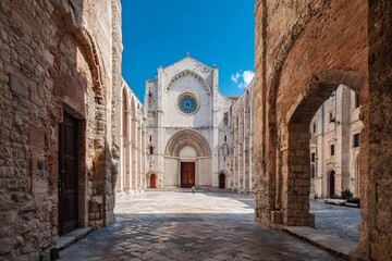 Naklejka premium A picturesque courtyard framed by ancient stone arches leading to a stunning cathedral under a bright blue sky