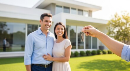 Happy couple receiving new home keys in front of modern house