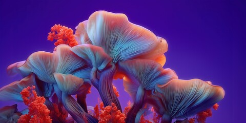 Bright coral mushrooms glow in vivid colors creating surreal underwater scene full of nature, beauty, fantasy and imagination.