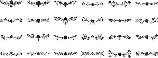 Vector art of collection of decorative black floral and vine ornaments and dividers isolated on a transparent background