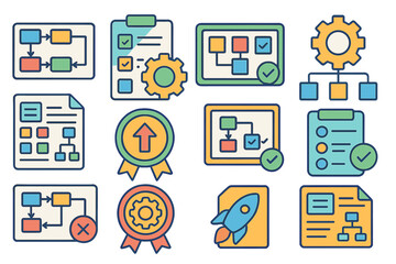 Business process outline icon set. workflow, project management icons collection