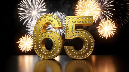 Shiny golden 65 anniversary number with sparkling fireworks in background, festive celebration design for jubilee and birthday	