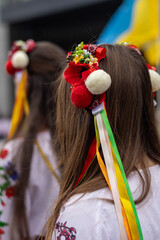 Detail of Ukrainian Wreath with Ribbons on woman head