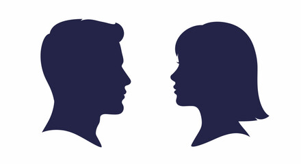Man and Woman Facing Each Other in Dark Blue Silhouette Style on White Background silhouette