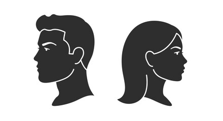 Male and Female Head Silhouettes Facing Each Other in Dark Gray on White Background silhouette