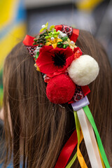 Detail of Ukrainian Wreath with Ribbons on woman head
