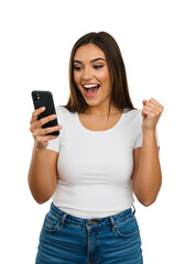 Fototapeta premium Isolated on a Transparent Background PNG Excited Young Woman Celebrates Success While Looking at Her Smartphone with a Joyful Expression