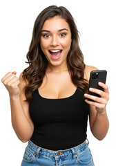 Fototapeta premium Excited Woman Holding Phone Isolated on a Transparent Background PNG. Brunette Celebrates with Phone in Hand, Celebrating Isolated