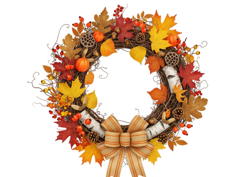 A vibrant autumn wreath, intricately composed of fall leaves, berries, and twigs, showcases a rich array of autumnal colors against a striking black background.