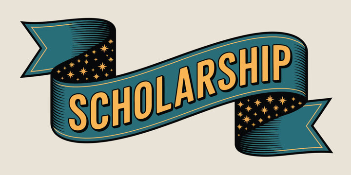 A teal banner with the word scholarship in yellow outlined in black with stars on a beige background