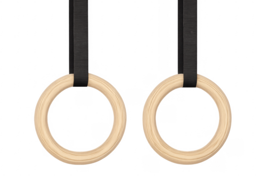 Wooden gymnastic rings hanging with black straps on transparent background
