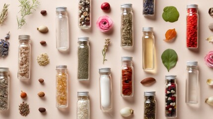 Flat lay composition of natural herbs spices bottles and leaves alternative medicine concept