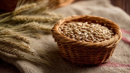Obraz premium Wheat basket filled with grains natural organic harvest agriculture concept