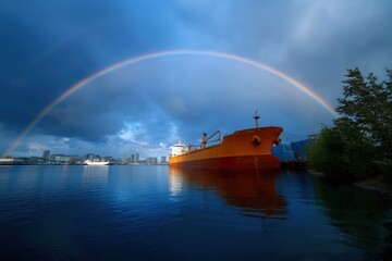 Spectacular rainbow over harbor with large orange cargo ship and urban skyline