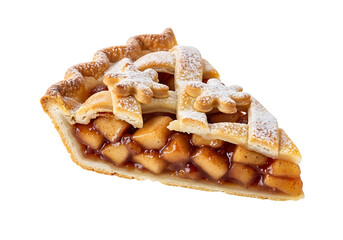 A delectable slice of warm  pie, showcasing a lattice-top crust and glistening fruit filling, presented against a rich black background.