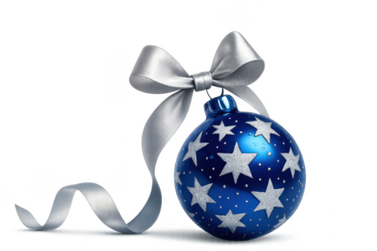 Blue Christmas ball with silver ribbon and stars decorations on transparent background - Powered by Adobe