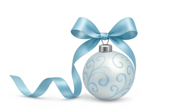 White christmas ball with light blue ribbon and swirls on transparent background