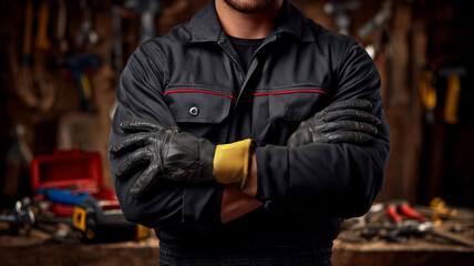 Mechanic with crossed arms in a workshop embodies reliability and skilled craftsmanship, symbolizing service readiness workplace safety and professional confidence.
