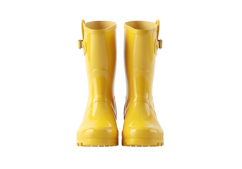 Bright yellow rain boots stand out against a black background, showcasing a polished, vibrant hue.