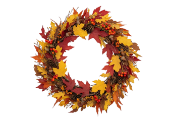 A vibrant autumnal wreath, adorned with colorful leaves, pinecones, and berries, is presented against a bold black backdrop.