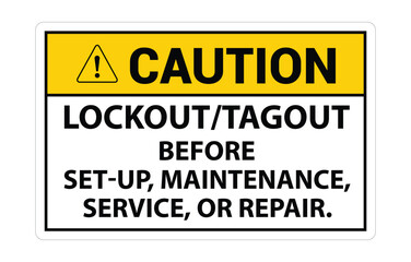 Caution Label: Lockout/Tagout Before Set-Up, Maintenance, Service Or Repair. Lockout/Tagout  sign, logo, badge, icon, sticker, label, emblem, stamp, symbol, black, line, flat vector.