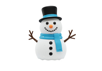 Isolated 3D Render of a Cute Snowman with Black Top Hat and Blue Scarf, Winter and Christmas Theme