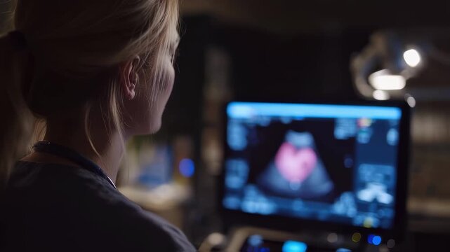 Medium shot capturing a teleultrasound cart screen showing fetal imaging midwife in partial blur emphasizing the realtime connection between rural care and specialist support.