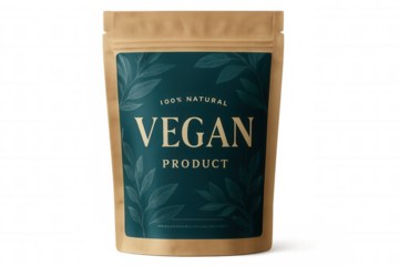 Kraft paper pouch featuring vegan product label, botanical graphic design highlighting natural sustainability, transparent backdrop for seamless graphic integration