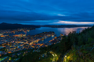 View of Bergen and a fjord from Mount Floyen at dusk