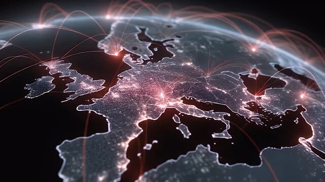 Globe shows Europe with connections, lights indicating digital activity