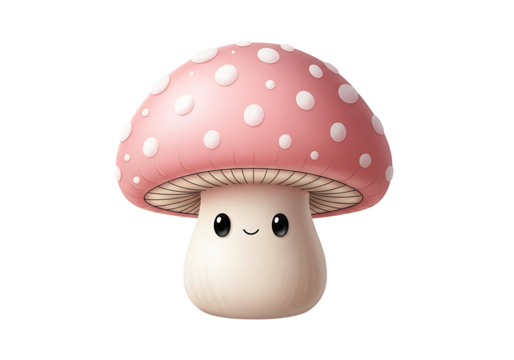 A cute, cartoon mushroom with a pink cap dotted with white circles and a cheerful expression, presented on a black background.
