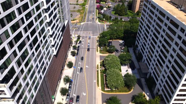 Modern buildings in Downtown Tysons, Virginia. Offices and skyscrapers. Drone video.
