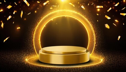 Product Presentation on Gold Podium with Yellow Neon Circle – Luxury Display