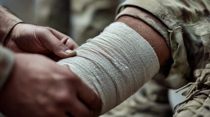 Military doctor bandaging wounded soldier's leg during combat