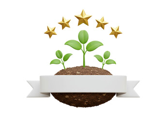 Isolated 3D Render of Green Seedlings in Soil with Golden Stars and Ribbon, Environmental Quality Concept