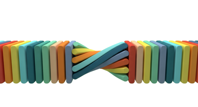 Minimal abstract illustration of rainbow blocks linked by a curving line. Modern transparent PNG for tech, data, and creative posters.