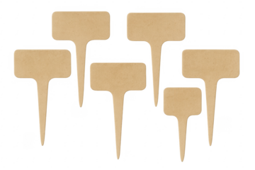 Six blank wooden plant markers on transparent background for labeling garden