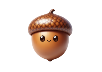 A cute, stylized acorn with expressive eyes and a happy expression, set against a dark background, showcases playful cartoon rendering.