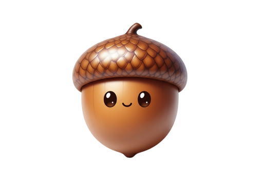 A cute, stylized acorn with expressive eyes and a happy expression, set against a dark background, showcases playful cartoon rendering.