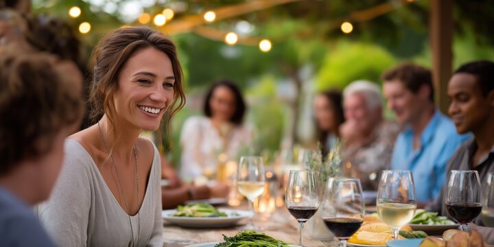 Group enjoying outdoor dinner party with diverse friends at sunset
