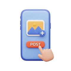 3d smartphone displaying image upload and posting isolated on transparent background