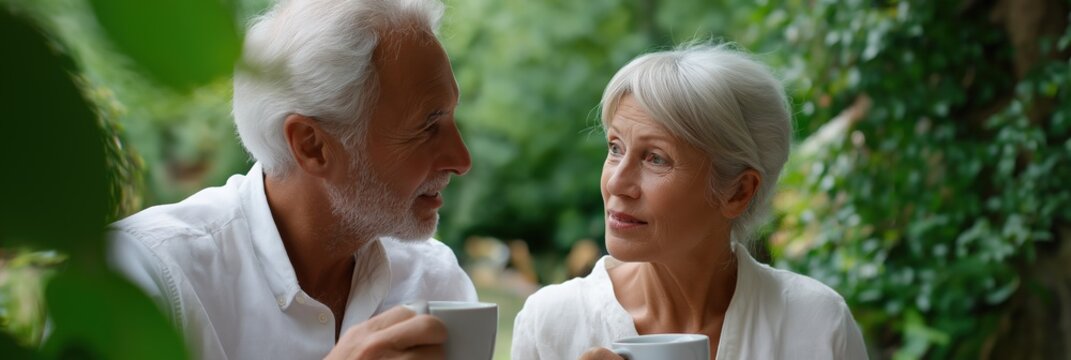 Elderly caucasian couple enjoying coffee together in a lush garden setting