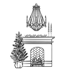 Christmas vector retro illustration with fireplace, fir tree, candles and chandelier. Monochrome black and white composition isolated on white background. Vector outline illustration for postcards