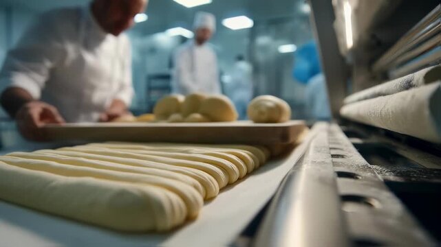 Medium shot capturing AIdriven pastry sheet former automatically aligning dough folds for croissant lamination main machine details crisp and foreground bakery staff and tools
